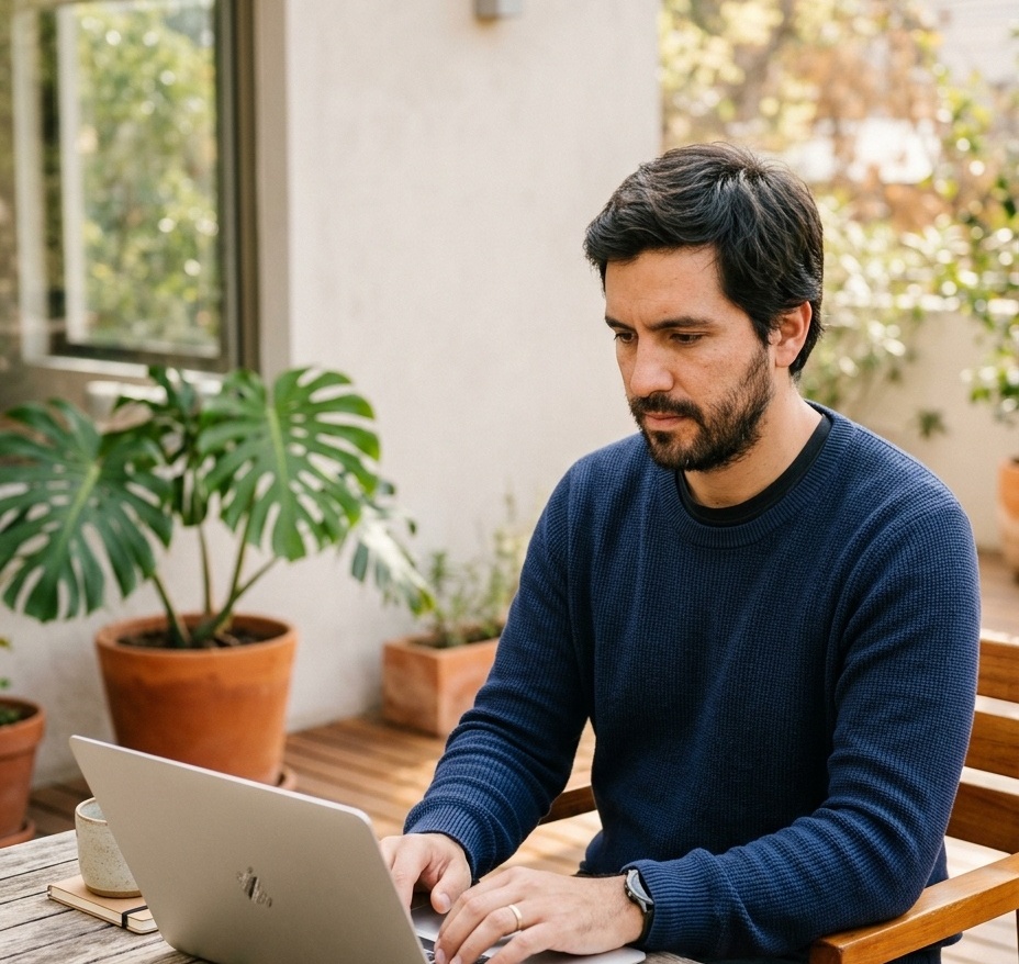 Fundador de omIA trabajando desde su computador